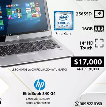 computadoras y laptops - hp 840 g4 touch i5 7ma. 256ssd 16ram