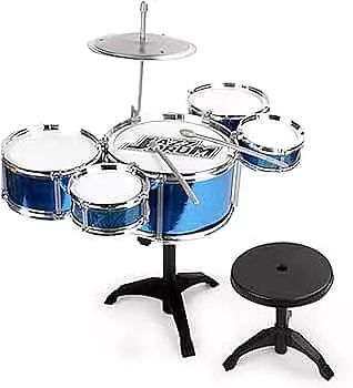 juguetes - MINI SET BATERIA MUSICAL 5 TAMBORES Y SILLA TABURETE JUGUETE INSTRUMENTO