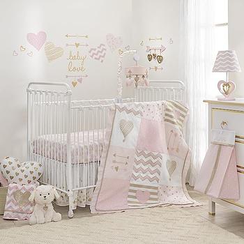 muebles - Juego de ropa de cama para cuna de 4 piezas Lambs & Ivy Baby Love Pink/Gold Hear