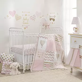 muebles - Juego de ropa de cama para cuna de 4 piezas Lambs & Ivy Baby Love Pink/Gold Hear