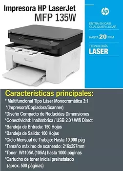 impresoras y scanners - MULTIFUNCIONAL WI-FI HP LASERJET MFP M135W ,SCANER,COPIA,IMPRIME