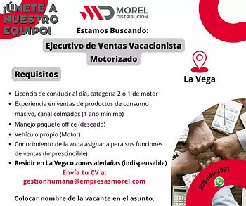 empleos disponibles - Ejecutivo de Ventas Vacacionista Motorizado