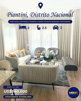 apartamentos - Se Vende Apartamento totalmente amueblado en Piantini, Santo Domingo 