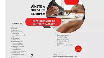 empleos disponibles - Representante ventas por whatsapp