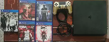 consolas y videojuegos - Ps4 slim 500 Gb + cables + control + 5 juegos