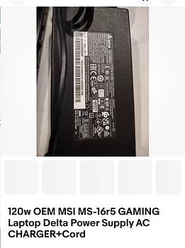 computadoras y laptops - 120w OEM MSI-MS 16r5 GAMING
Laptop Delta Power Supply AC Charger+Cord