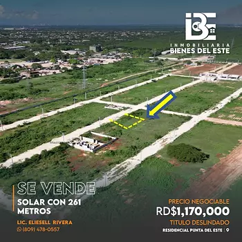 solares y terrenos - SE VENDE SOLAR CON 261 Metros en el Residencial Punta del Este.
