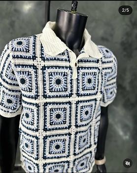 ropa para hombre - Camisa oversize recta de punto calado con rayas