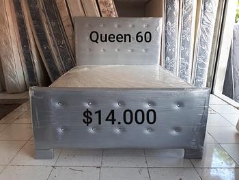muebles y colchones - Cama Tapizada con Colchón Gris y Blanca 